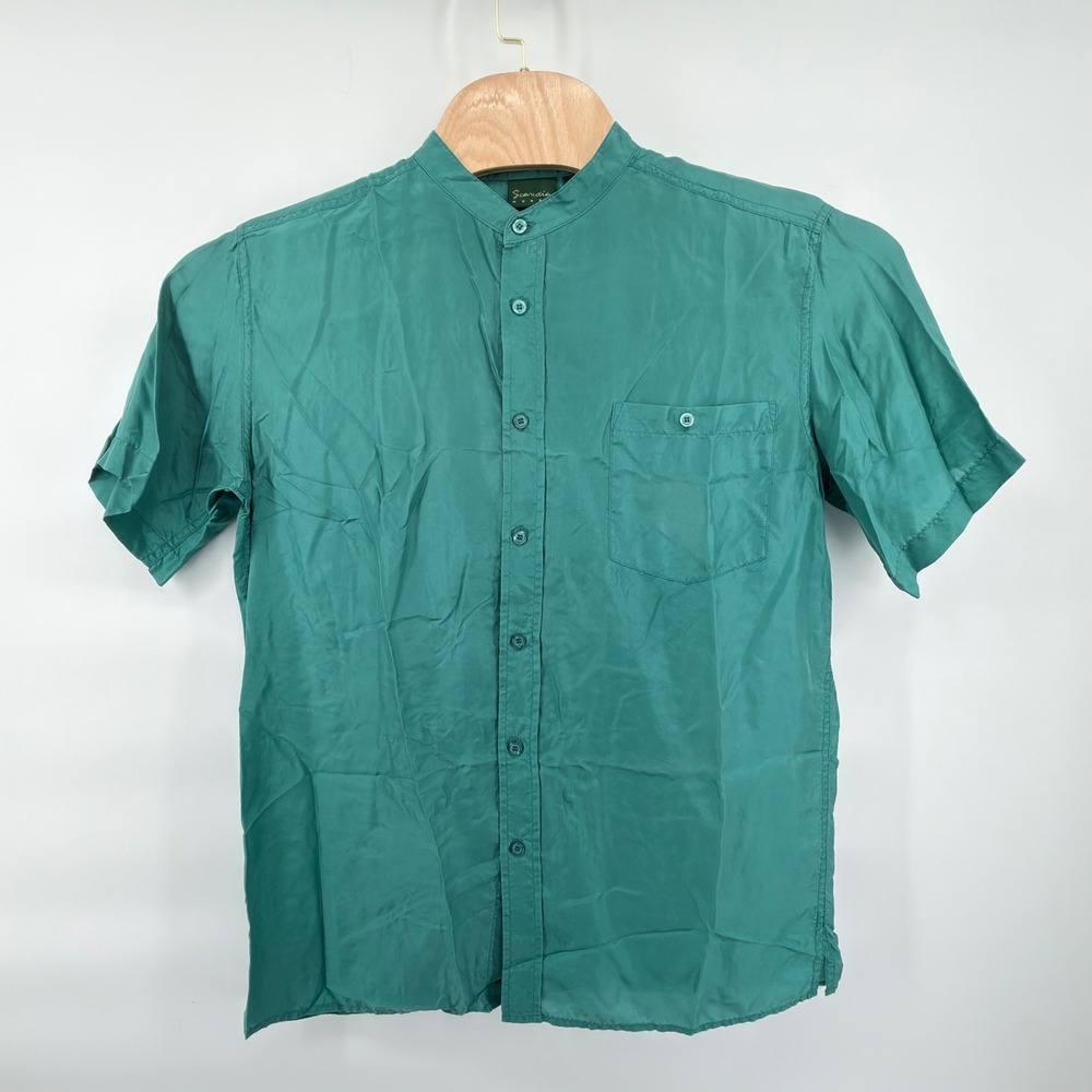 Scandia Woods Button Front Shirt Mens Medium Green 100% Silk Banded Collar